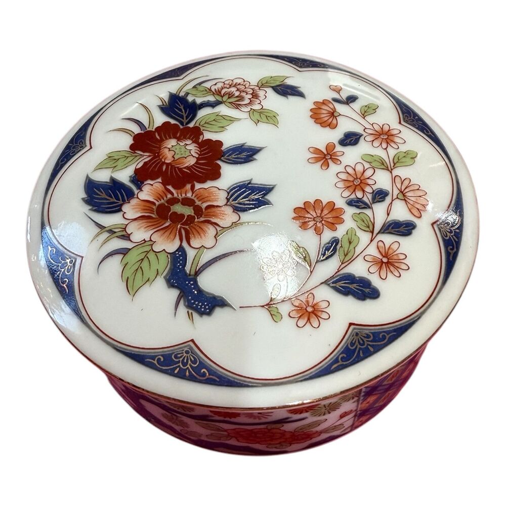 Trinket Box W/Lid  Asian Floral pattern Round Vintage Japan UCGC
